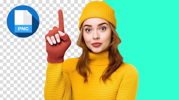 Fille Porte Un Bonnet Jaune Et Un Pull Avec Des Gants Rouges Pointant Vers Le Haut Avec Le Doigt Fichier Png