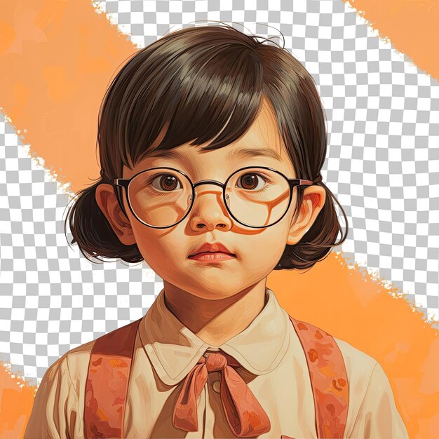 PSD une fille préscolaire dégoûtée aux cheveux courts d'origine ethnique d'asie de l'est vêtue d'une tenue de cartographe pose dans un style focused gaze with glasses sur un fond d'abricot pastel