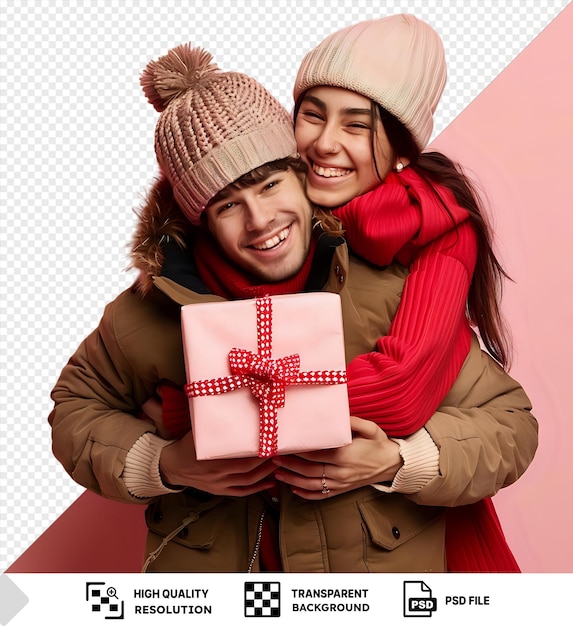 PSD une fille psd embrasse un gars heureux avec une boîte cadeau sur fond rose png