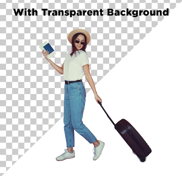 Fille qui va voyager avec des bagages PNG PSD isolé sur fond transparent