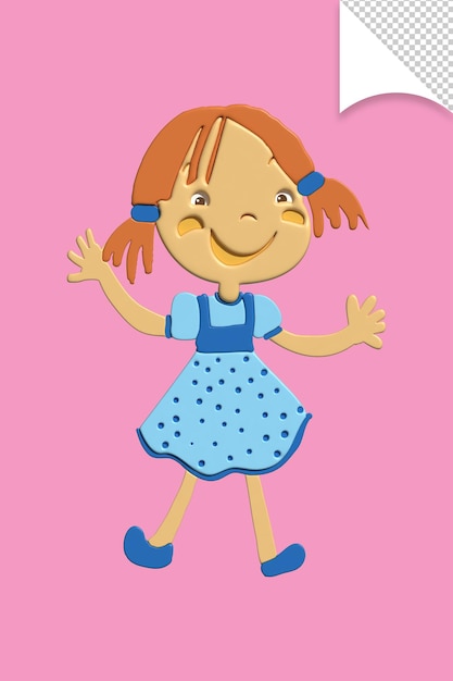 Une fille en robe bleue marche et a le mot heureux en bas