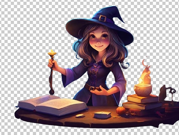 PSD une fille sorcière fait de la magie avec une baguette magique.