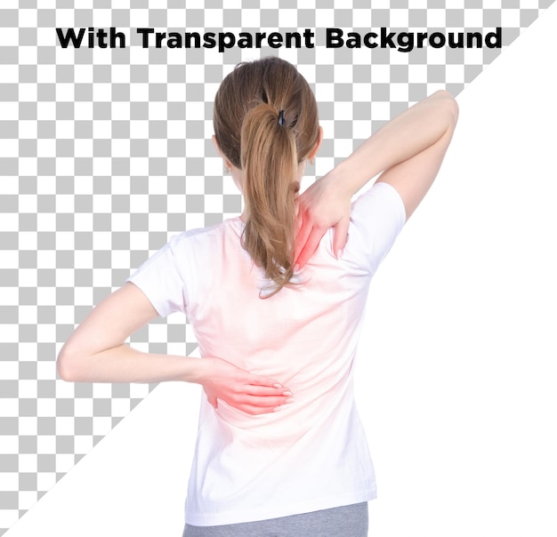 Fille souffrant de douleurs au cou et au dos PNG PSD isolé sur un fond transparent