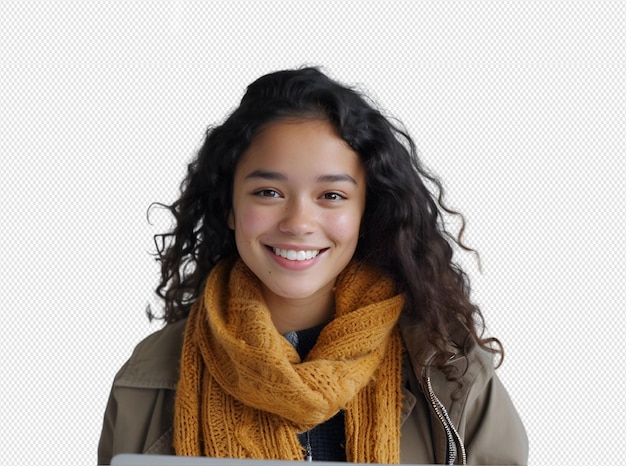 Une fille souriante sur un fond blanc.