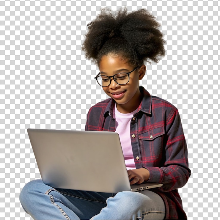 PSD une fille tenant un ordinateur portable et souriant sur un fond transparent