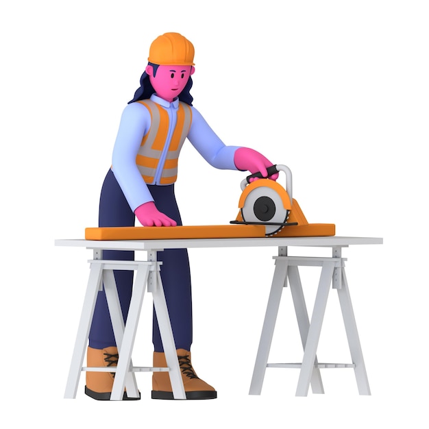 Fille tenant une scie circulaire ouvrier de la construction 3D