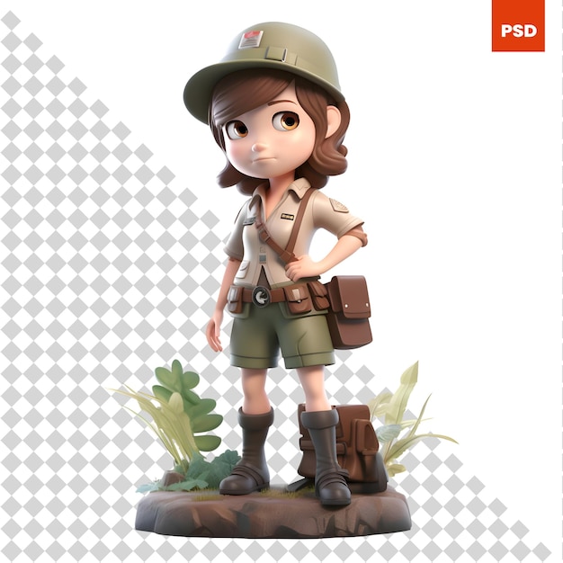 PSD fille en tenue de safari avec sac à dos et chapeau sur fond blanc