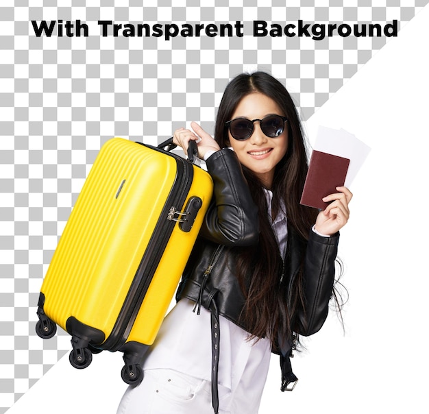 Fille avec une valise de voyage PNG PSD sur fond transparent