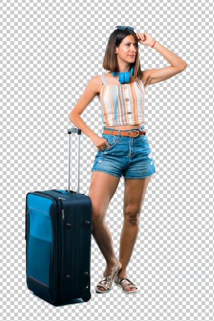 Fille Voyageant Avec Sa Valise Ayant Des Doutes Et Avec Une Expression Du Visage Confuse