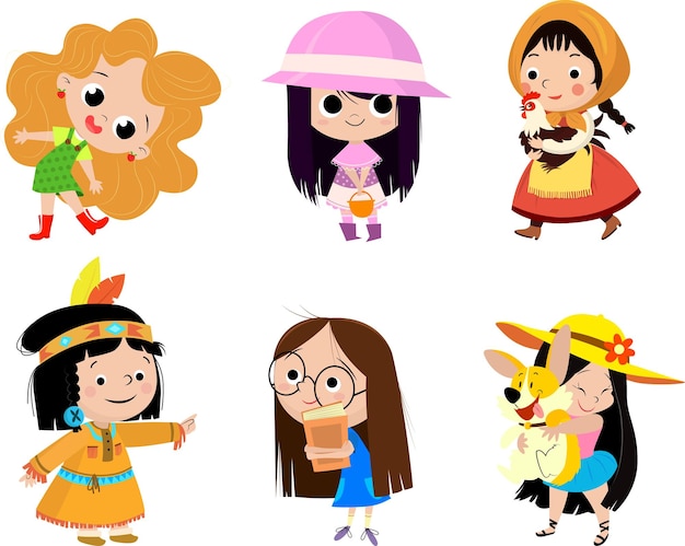 Des filles de dessins animés variées et adorables dans des tenues variées