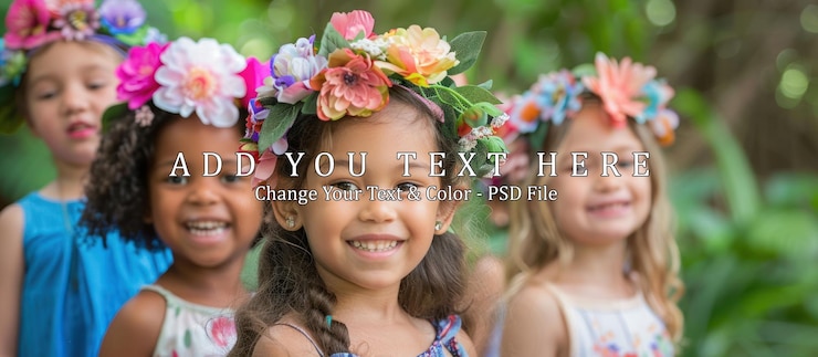 PSD des filles souriantes portant des couronnes de fleurs