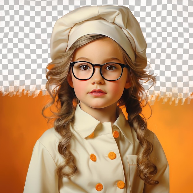 Une fillette d'âge préscolaire pleine d'espoir aux cheveux longs de l'ethnie ouralienne vêtue d'une tenue de chef pose dans un style de regard concentré avec des lunettes sur un fond abricot pastel