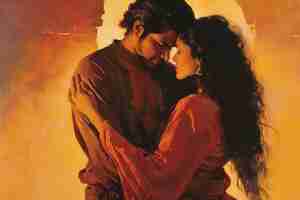 PSD film-poster-stil-illustration eines paares in einer liebenden umarmung altes bollywood-romantisches filmposter