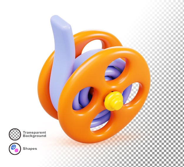 PSD film rouleau ou bobine avec bande de cinéma icône de rendu 3d élément de l'industrie cinématographique rouleau de film avec bande cadre rond orange avec bande de film bleue isolée sur fond blanc conception de dessin animé