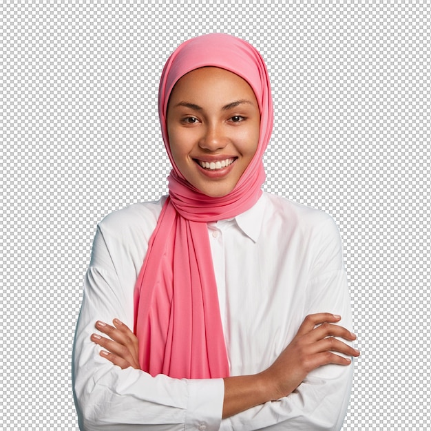 Filmato in studio di una allegra donna musulmana religiosa che tiene le braccia incrociate, sorride ampiamente e ha i denti bianchi.