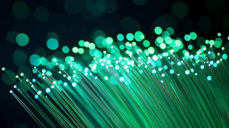 PSD des fils de fibres optiques teal brillants sur un fond sombre