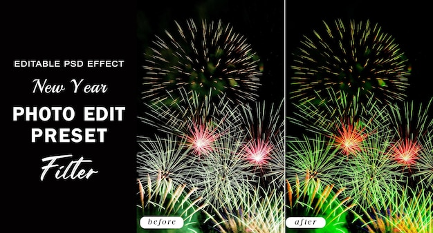 PSD filtre prédéfini pour l'édition de photos du nouvel an pour les lumières de nuit de la veille des feux d'artifice colorés filtres blogger