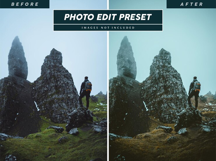 PSD filtro predefinido de edição de fotos temperamental para revista de aventura de viagem, folheto, pôster, publicidade