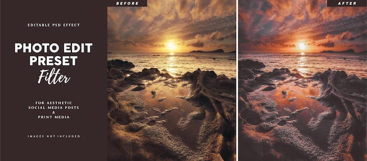 PSD filtro preestablecido de edición de fotos para fotografía de puesta de sol