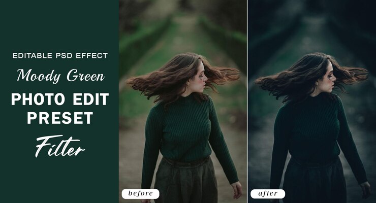 PSD filtro preestablecido para la edición de fotos de psd moody green para el filtro de fotografía de dark moody forest blogger