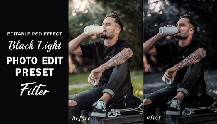 PSD filtro preimpostato per la modifica di foto psd black light per il filtro fotografico instagram con effetto dark urban