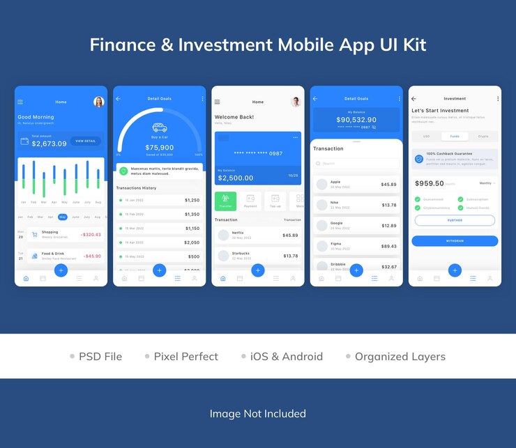 PSD finance and investment mobile app ui kit