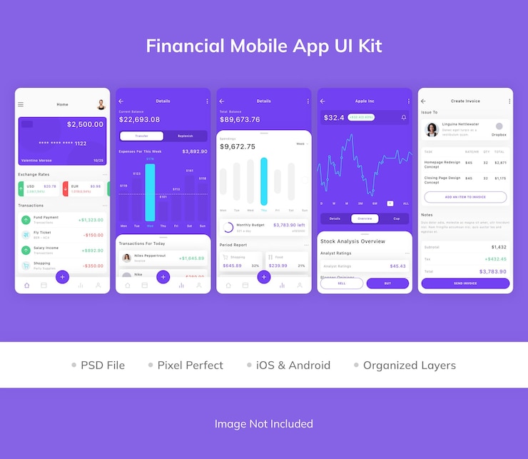 PSD financial mobile app ui kit