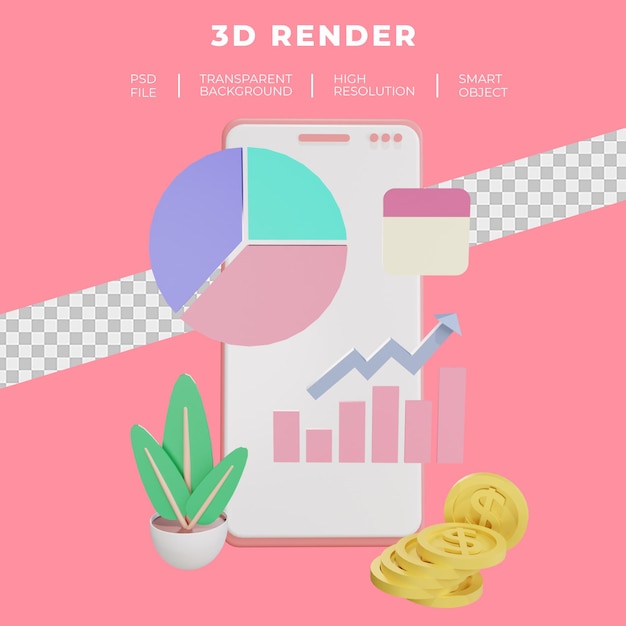 Finanzen und seo oder zahlungsdaten smartphone 3d-rendering isoliert