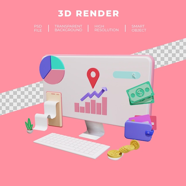 Finanzen und SEO oder Zahlungsdaten Smartphone Desktop 3D-Rendering isoliert