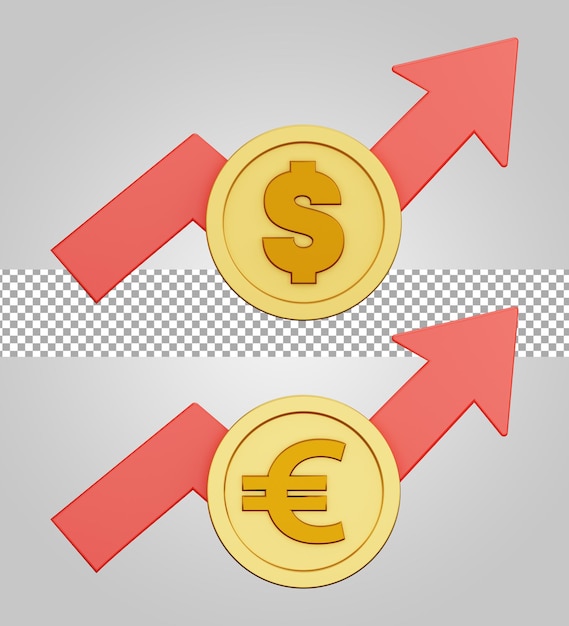 Finanzielle erholung mit dollar- und euro-münze isoliert auf transparentem hintergrund 3d-render