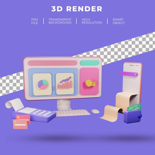 Finanzierungs- und SEO- oder Zahlungsdaten für die 3D-Rendering der Landingpage der Website isoliert