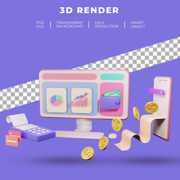 Finanzierungs- und SEO- oder Zahlungsdaten für die 3D-Rendering der Landingpage der Website isoliert
