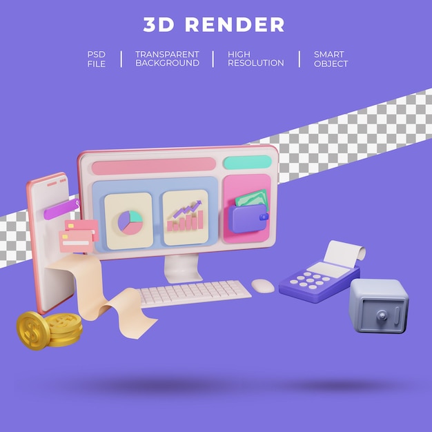 Finanzierungs- und SEO- oder Zahlungsdaten für die 3D-Rendering der Landingpage der Website isoliert