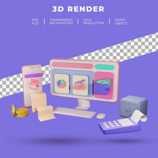 Finanzierungs- und SEO- oder Zahlungsdaten für die 3D-Rendering der Landingpage der Website isoliert