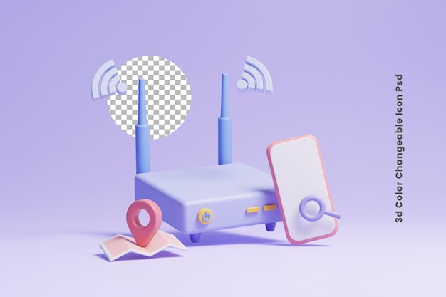 Finden Sie das kostenlose WLAN-Standortsymbol mit Router-Smartphone und Standort-Pin-Symbol oder 3D-WLAN-Suche