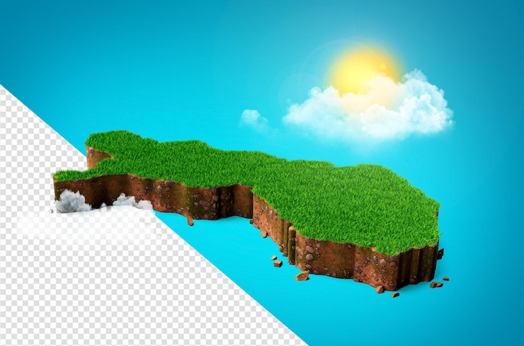 PSD finland map soil land geology cross section with green grass and rock ground texture 3d illustration