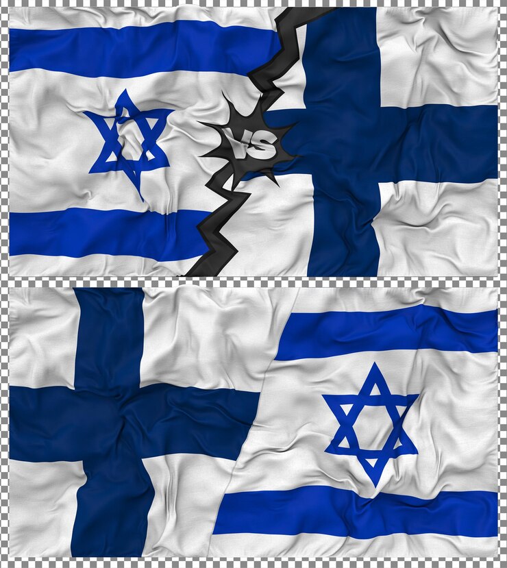 PSD finlândia versus israel meia bandeira combinada textura de tecido de bump renderização 3d