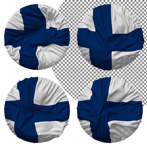 Finnland-Flagge, runde Form, isoliert, unterschiedlicher wehender Stil, Bump-Textur, 3D-Rendering