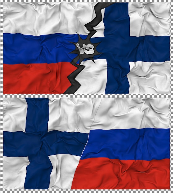 Finnland gegen Russland Halbkombinierte Flagge Stoff Bump Textur 3D-Rendering