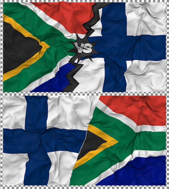 Finnland gegen Südafrika Halbkombinierte Flagge Stoff-Bump-Textur 3D-Rendering