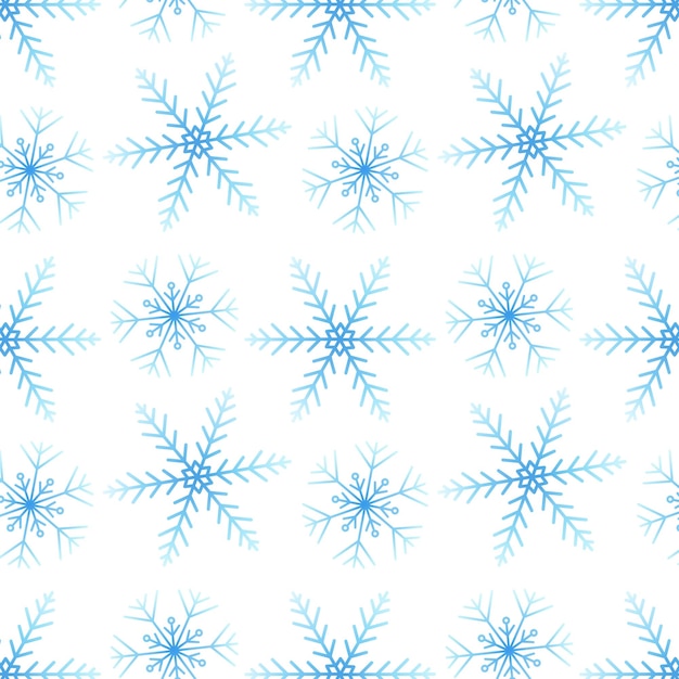 Fiocchi di neve a gradiente blu su sfondo bianco che ripetono un modello a raster