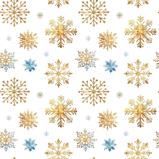 Fiocchi di neve ad acquerello a pattern senza cuciture Fiocchi di neve blu e oro isolati su uno sfondo trasparente
