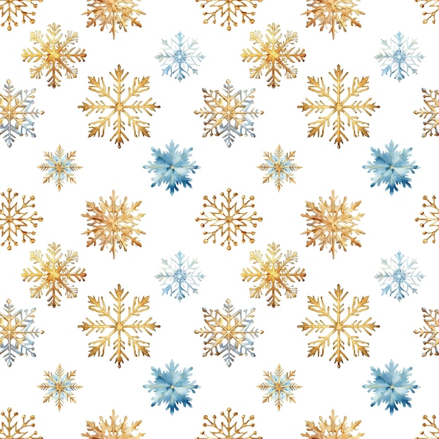 Fiocchi di neve ad acquerello a pattern senza cuciture Fiocchi di neve blu e oro isolati su uno sfondo trasparente