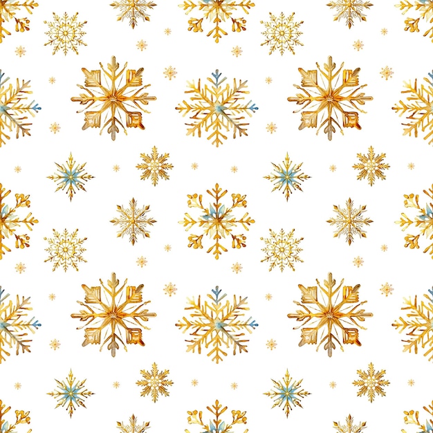 Fiocchi di neve ad acquerello a pattern senza cuciture Fiocchi di neve blu e oro isolati su uno sfondo trasparente
