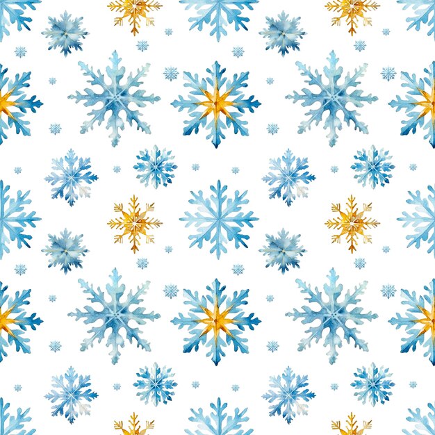 Fiocchi di neve ad acquerello a pattern senza cuciture Fiocchi di neve blu e oro isolati su uno sfondo trasparente
