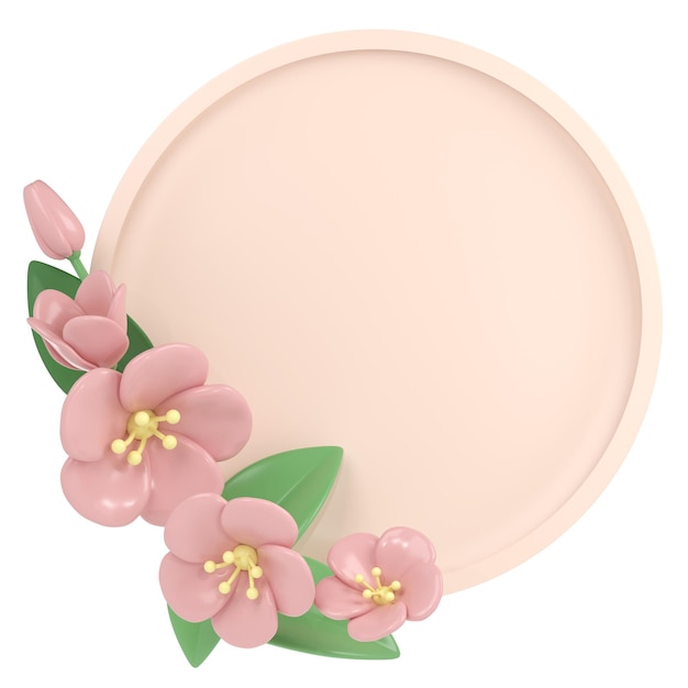 Fiori di ciliegio d'angolo rosa pastello 3D con cornice rotonda arrangiamento botanico primaverile bouquet floreale
