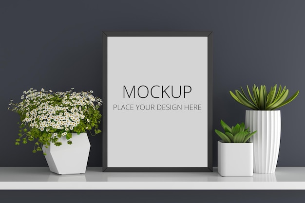 Fiori e vasi succulenti con mockup di cornice