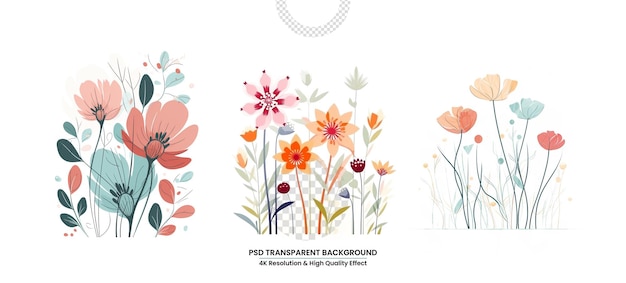 Fiori multicolori in stile folk scandinavo isolati su sfondo bianco trasparente