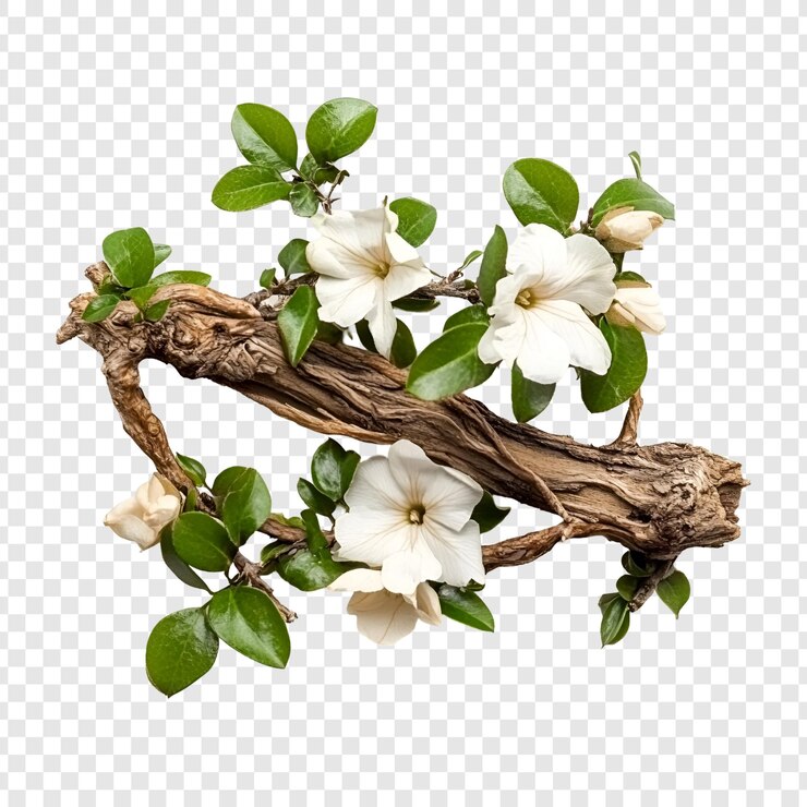 PSD fiori vivaci di primavera legati a un ramo di legno rustico isolato su un trasparente