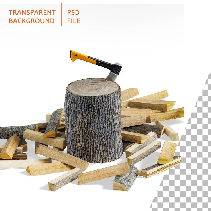 PSD firewood split camping ax stump and cut wood ax tree stumps and firewood axe in the birch stump